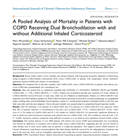A Pooled Analysis of Mortality in Patients with COPD Receiving Dual Bronchodilation with and without Additional Inhaled Corticosteroid
