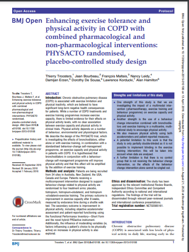Enhancing exercise tolerance and physical activity in COPD with combined pharmacological and non-pharmacological interventions: PHYSACTO randomised, placebo-controlled study design