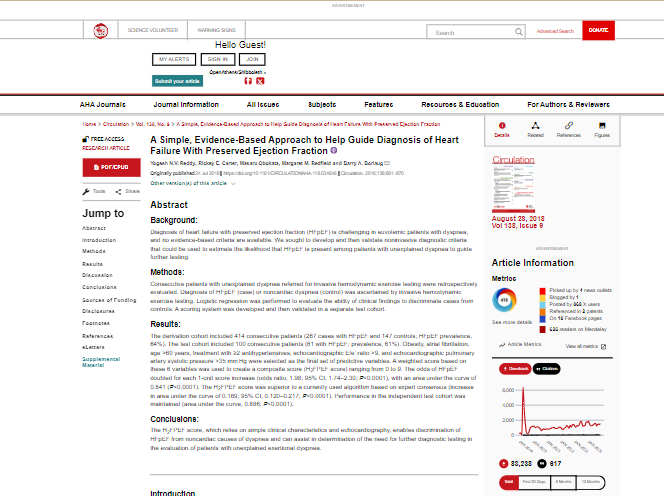H2FPEF score to guide HFpEF diagnosis